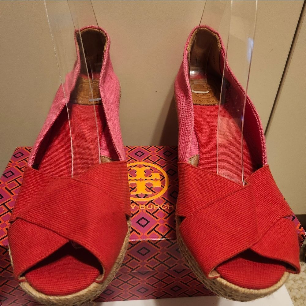 Tory Burch Red/Pink Canvas Peep Toe Wedge Heel Espadrilles Sz.9 $265 - Picture 8 of 10